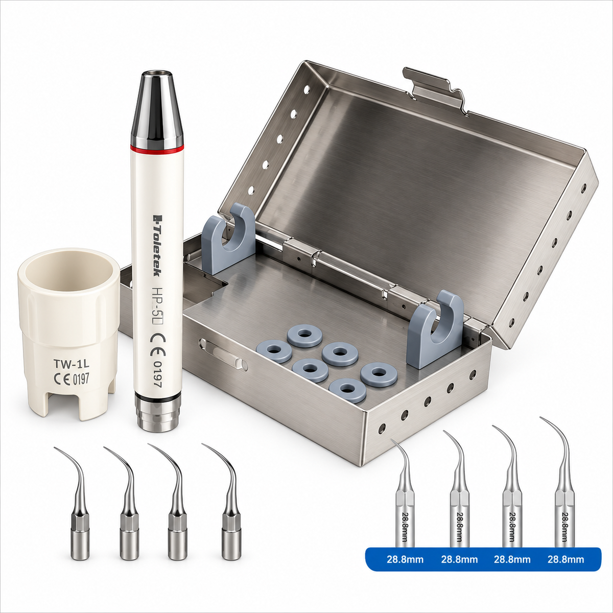 Set Autoclave Incluye: 5 puntas caja de desinfeccion de AC inox compatible con escariador: Woodpecker led  y Ems led