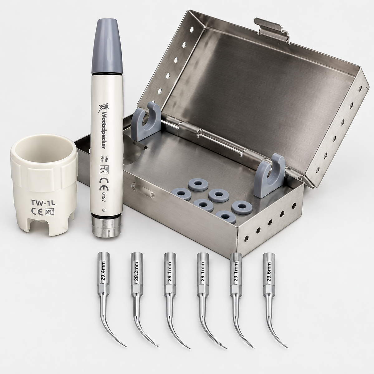 Set Autoclave incluye: 5 puntas, botapuntas compatible con Escariador: DTE y DBA caja de desinfeccion de AC inox